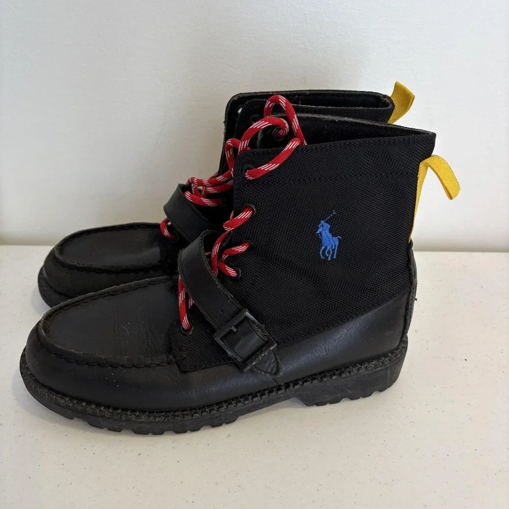 Polo Ralph Lauren Ranger II Boots Boys Size 5 Leather Textile Casual Red Laces‎